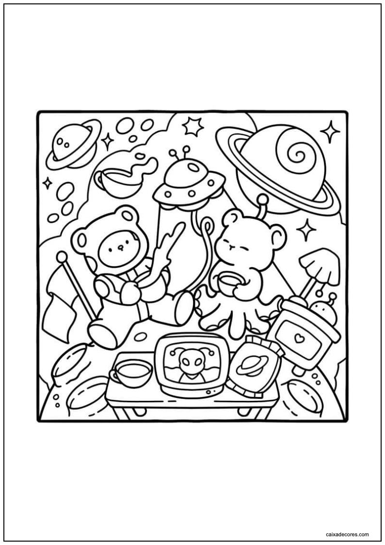 Desenho de amigos aconchegantes ursinhos no espaço para colorir