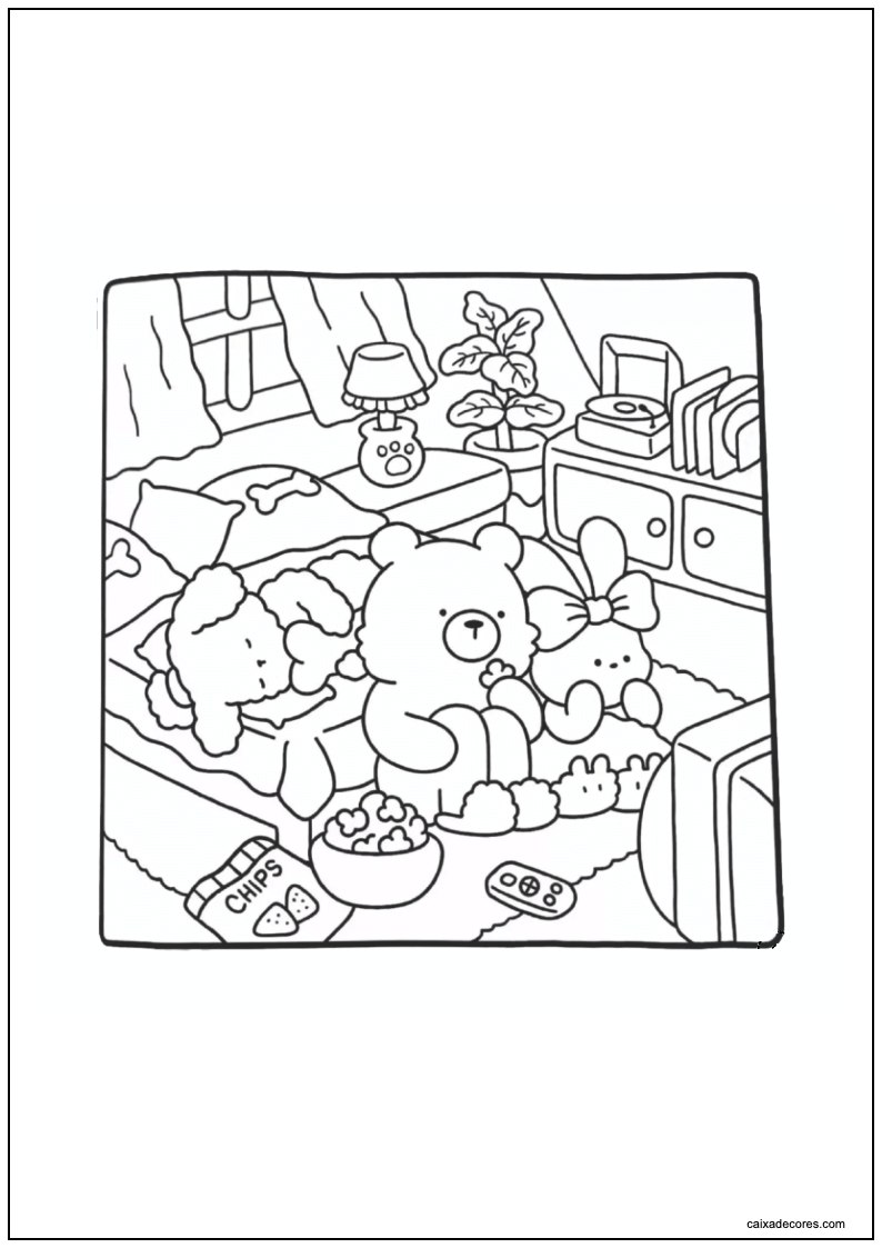Desenho de amigos aconchegantes assistindo filme para imprimir