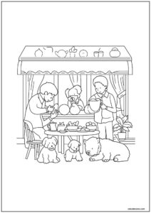 Desenho de amigos aconchegantes família com cachorrinhos para colorir