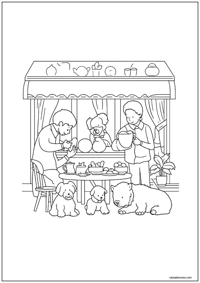 Desenho de amigos aconchegantes família com cachorrinhos para colorir