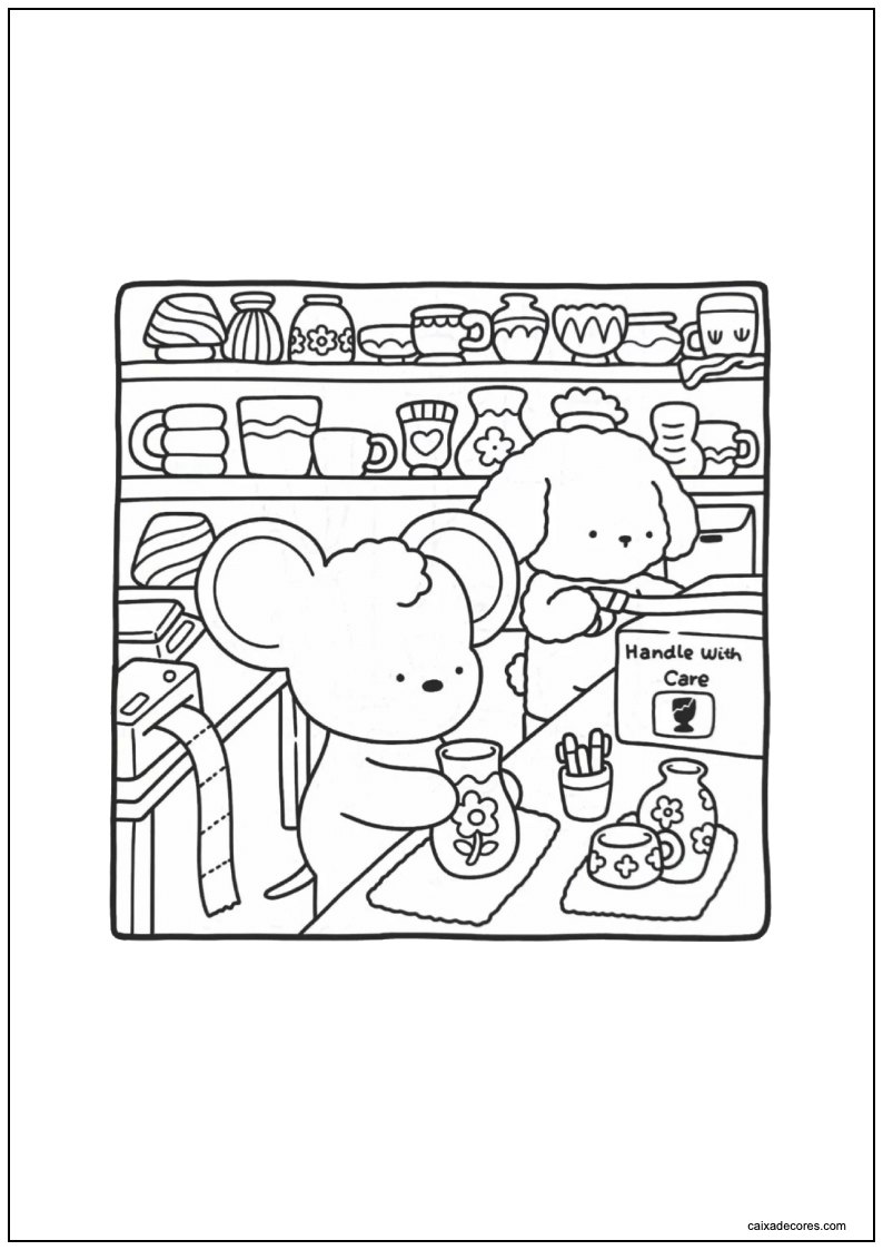 Desenho de amigos aconchegantes fazendo cerâmica para imprimir