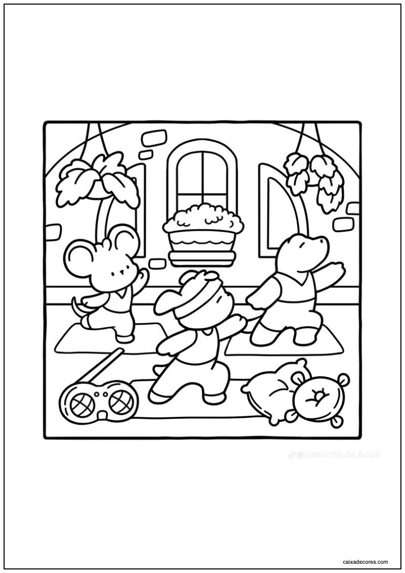 Desenho de amigos aconchegantes fazendo exercício para colorir