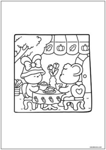 Desenho de amigos aconchegantes lanchando no jardim para imprimir