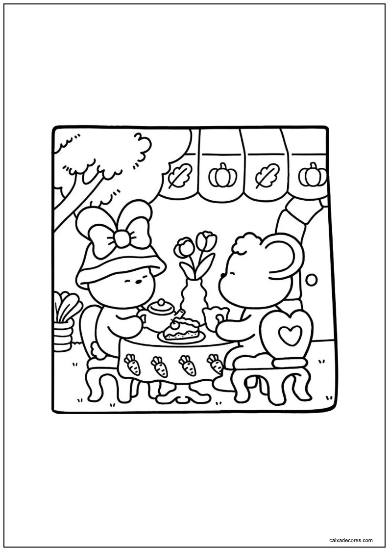 Desenho de amigos aconchegantes lanchando no jardim para imprimir