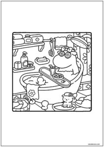 Desenho de amigos aconchegantes sapo na banheira para colorir