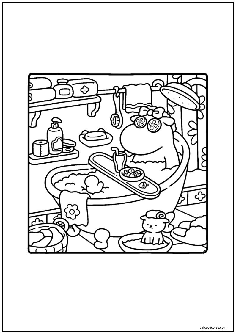 Desenho de amigos aconchegantes sapo na banheira para colorir