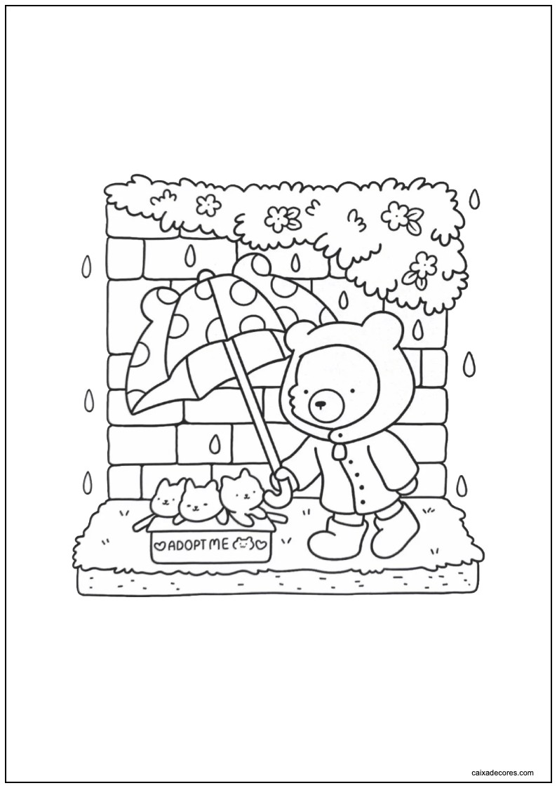 Desenho de amigos aconchegantes ursinho com gatinhos para colorir