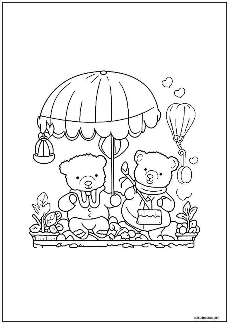 Desenho de amigos aconchegantes ursinhos embaixo do guarda chuva para imprimir
