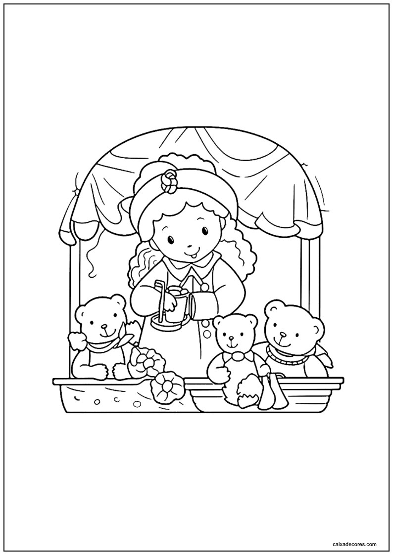 Desenho de cozy friends menina e ursinhos no estande para colorir