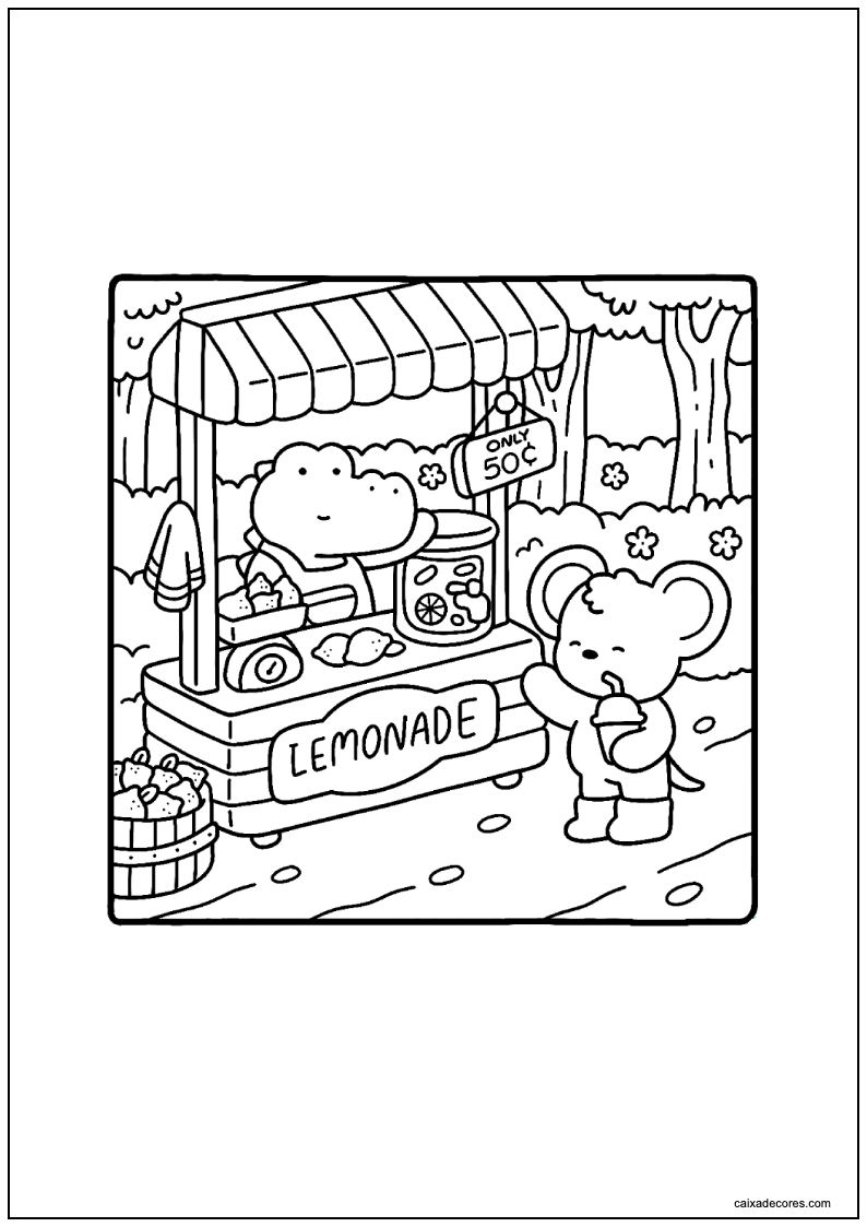 Desenho de cozy friends sapo vendendo limonada para imprimir