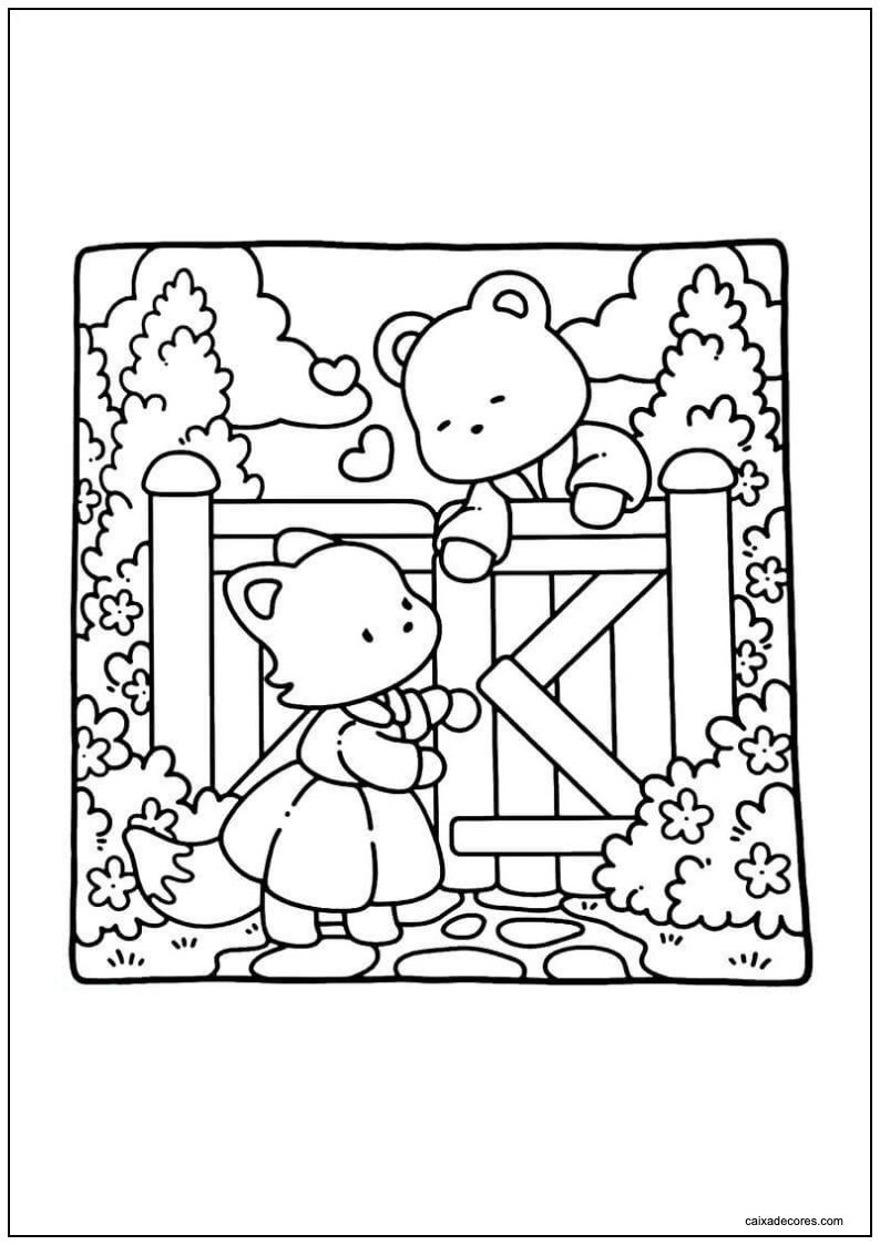 Desenho de cozy friends urso e raposinha no jardim para imprimir