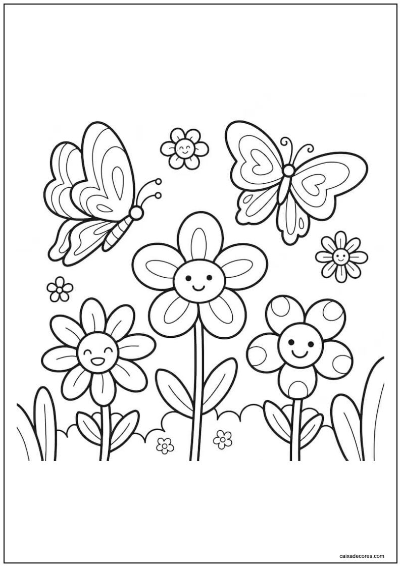 Desenho de flores e borboletas para colorir