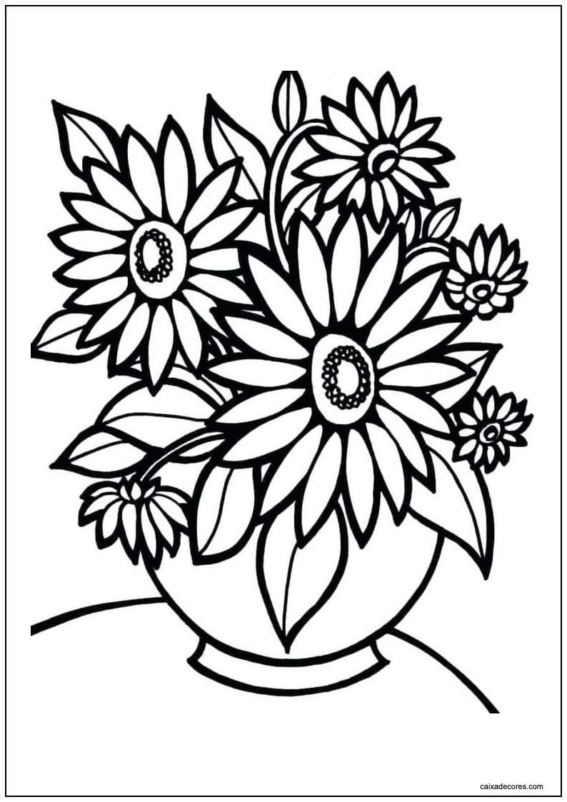 Desenho de flores em um vaso para colorir e imprimir