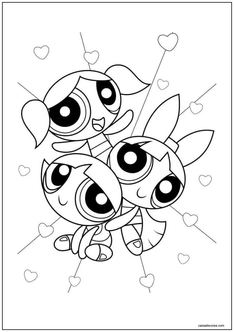 Desenho das meninas superpoderosas com corações para colorir