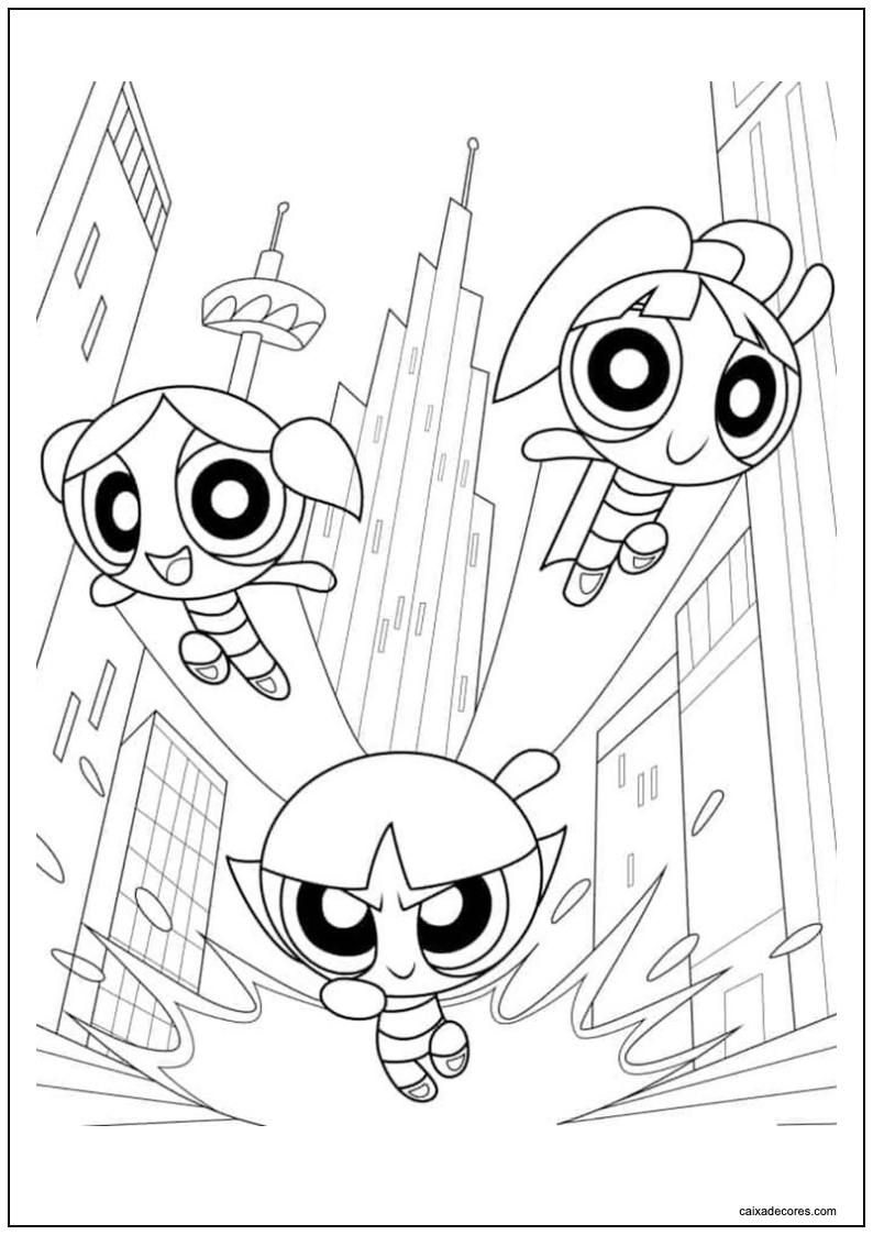 Desenho das meninas superpoderosas defendendo a cidade para imprimir