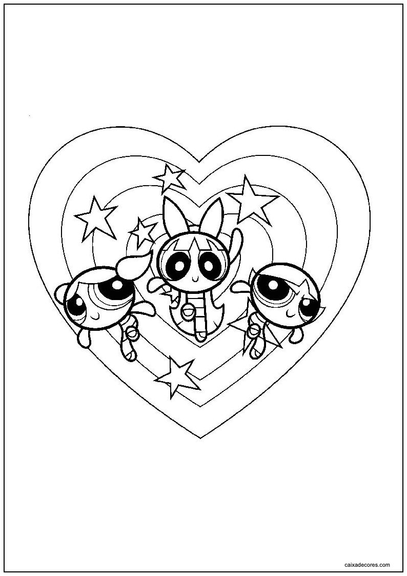 Desenho das meninas superpoderosas em um coração para imprimir