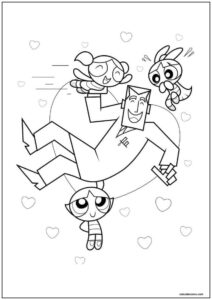 Desenho das meninas superpoderosas felizes com seu pai para colorir