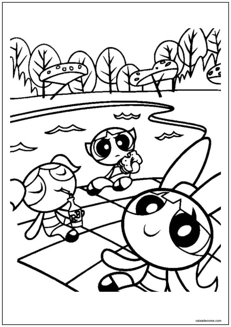 Desenho das meninas superpoderosas no parque para colorir